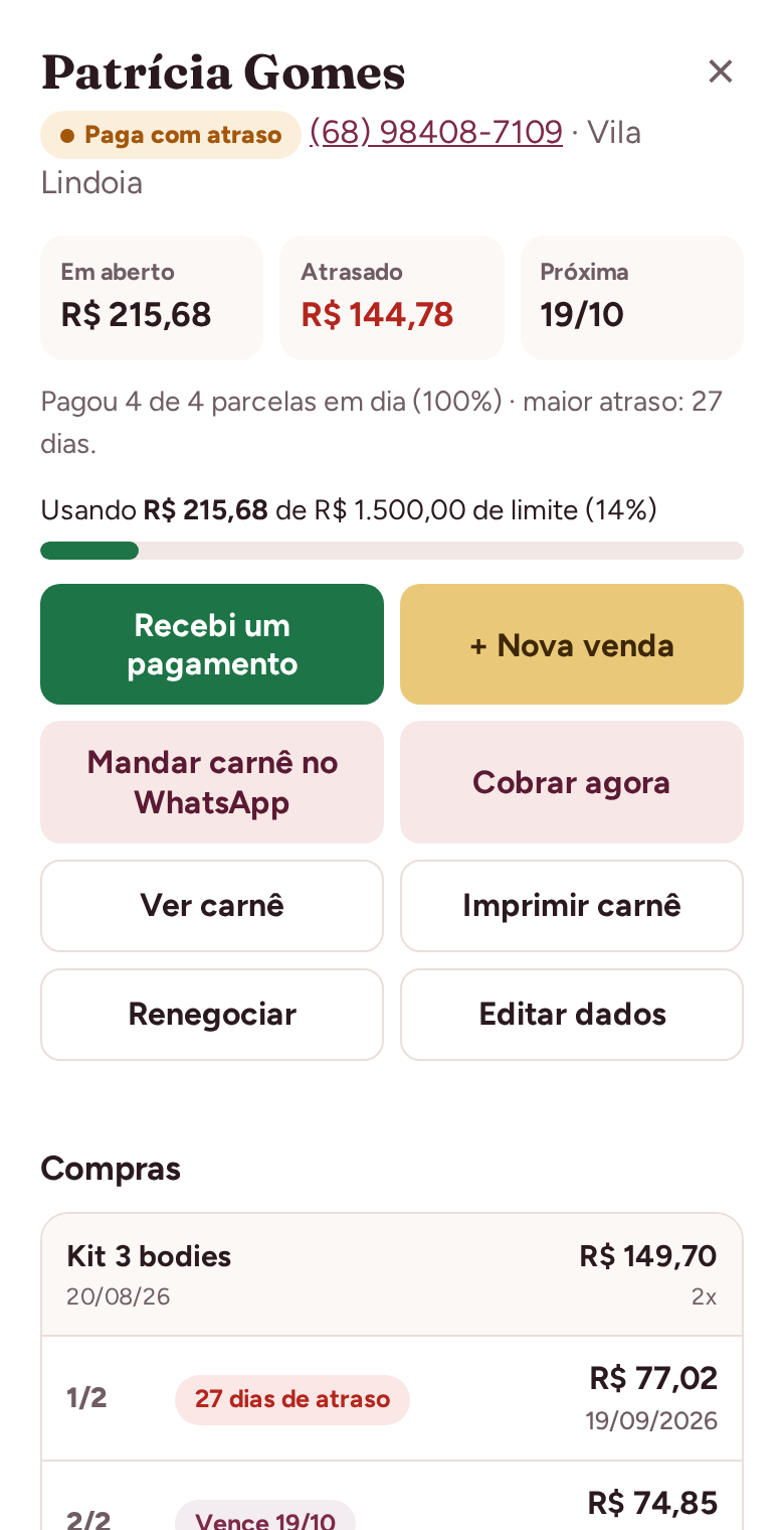 Ficha do cliente com selo de bom pagador e limite de crédito