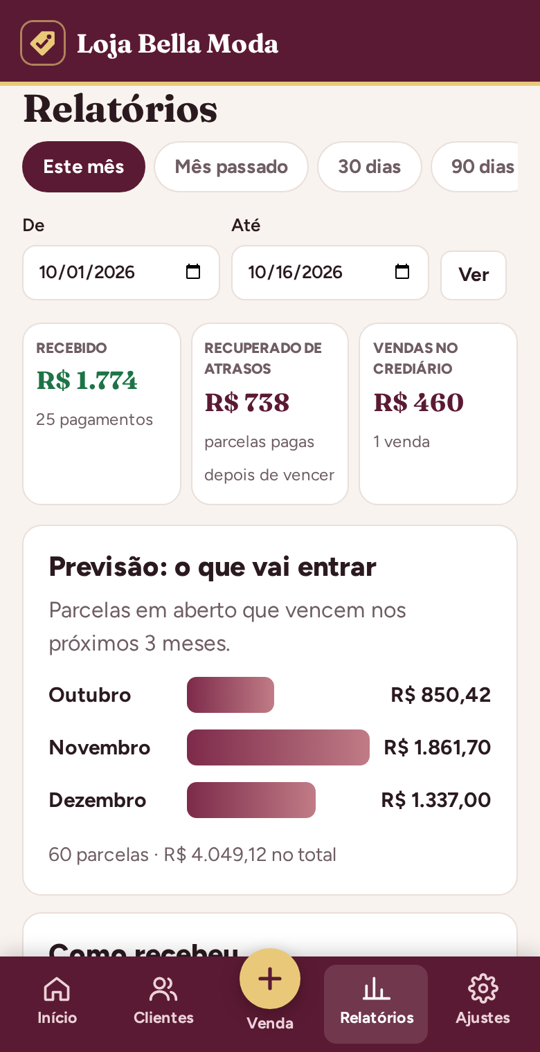 Relatórios: recebido, previsão e inadimplência